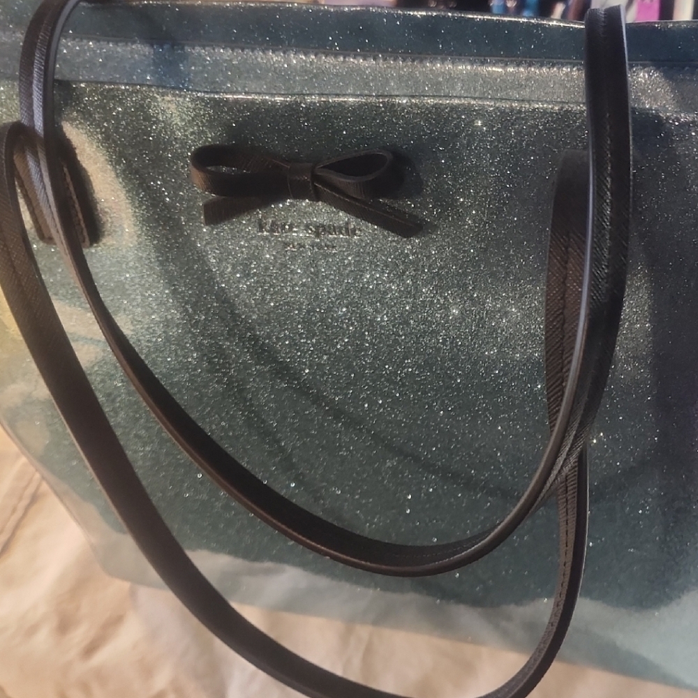 NWT Kate Spade Glittery Blue Handbag with Black Strap And Matching Wallet.
